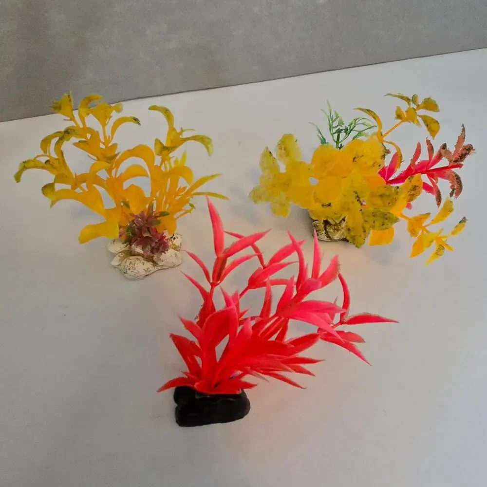 Fish Tank Aquarium Decorations Artificial Plastic Plants 2 Cave Rocks Decor Set